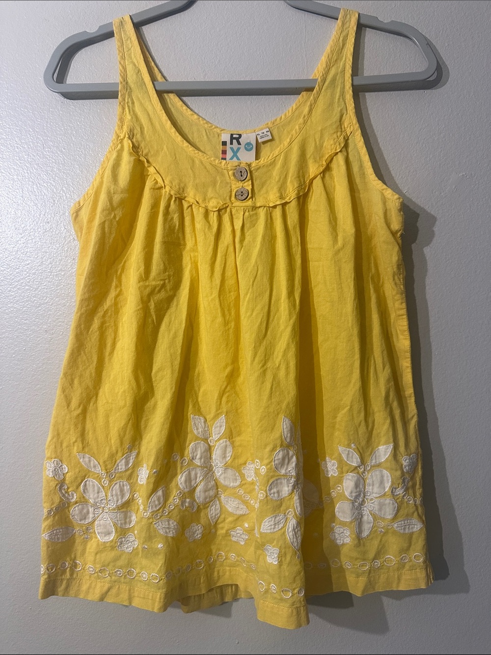 Roxy Yellow Tank Top with White Floral Embroidery Sz XL